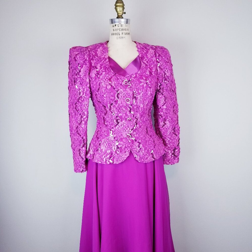 Vintage 1980's Fuchsia Sequin Ruffled Blouse & Skirt Set by Nancy Bracoloni